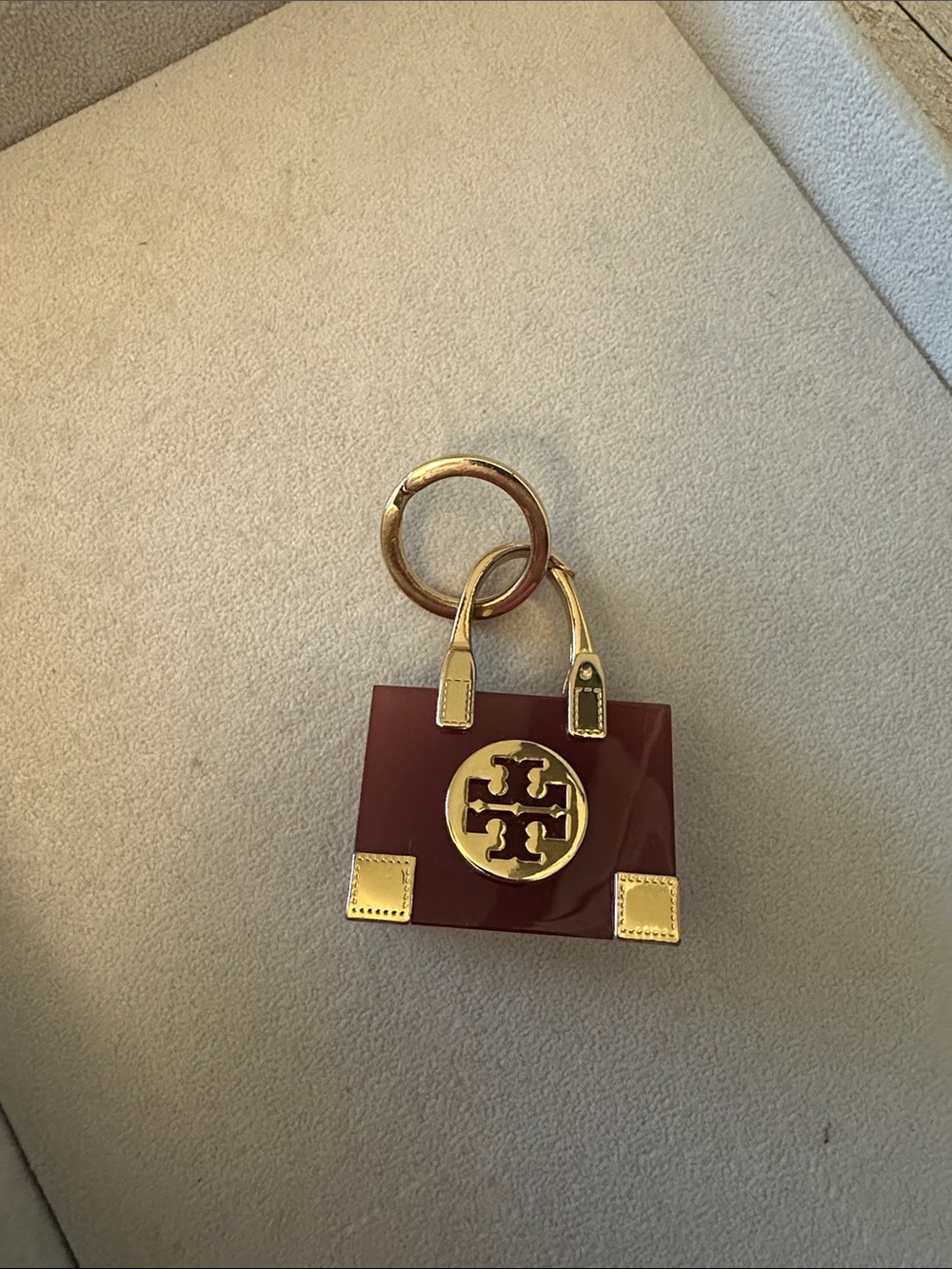Tory Burch Burgundy Mini Tote Keychain with Gold Accents